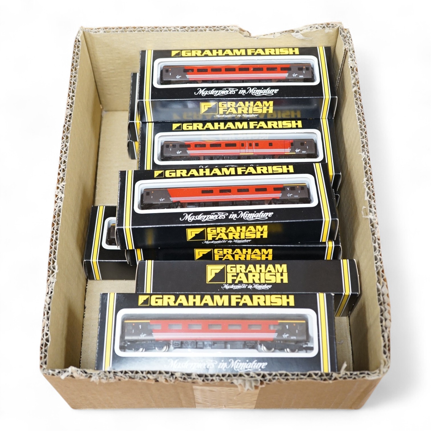 Twelve boxed Graham Farish N gauge railway, Virgin Trains 63ft Mk.2 coaches. Condition - good.